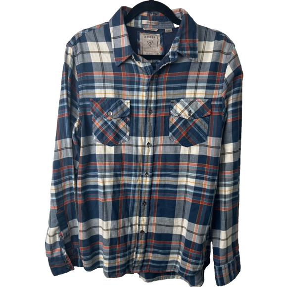 Guess Mens M Logan Regular Fit Blue Plaid Long Sleeve Button Up Shirt LS C16 - Picture 1 of 7